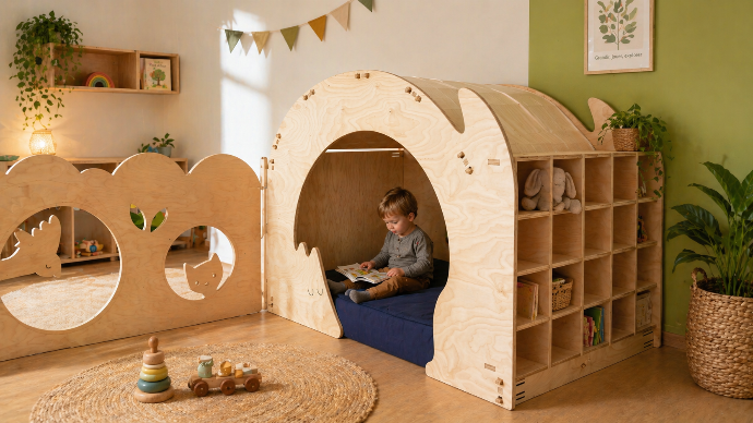 Coin lecture et rangement bas en bois pour crèche